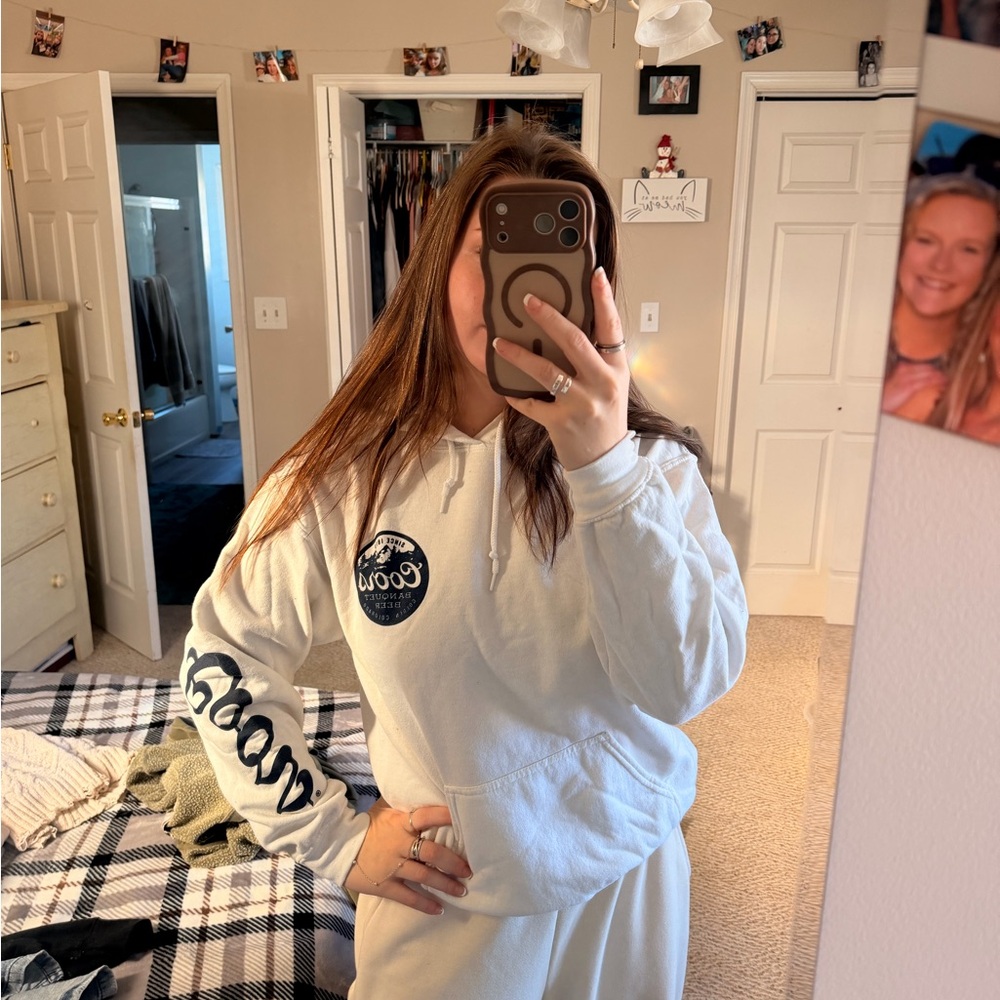 White Pullover Hoodie with Navy Chest Patch and Sleeve Logo